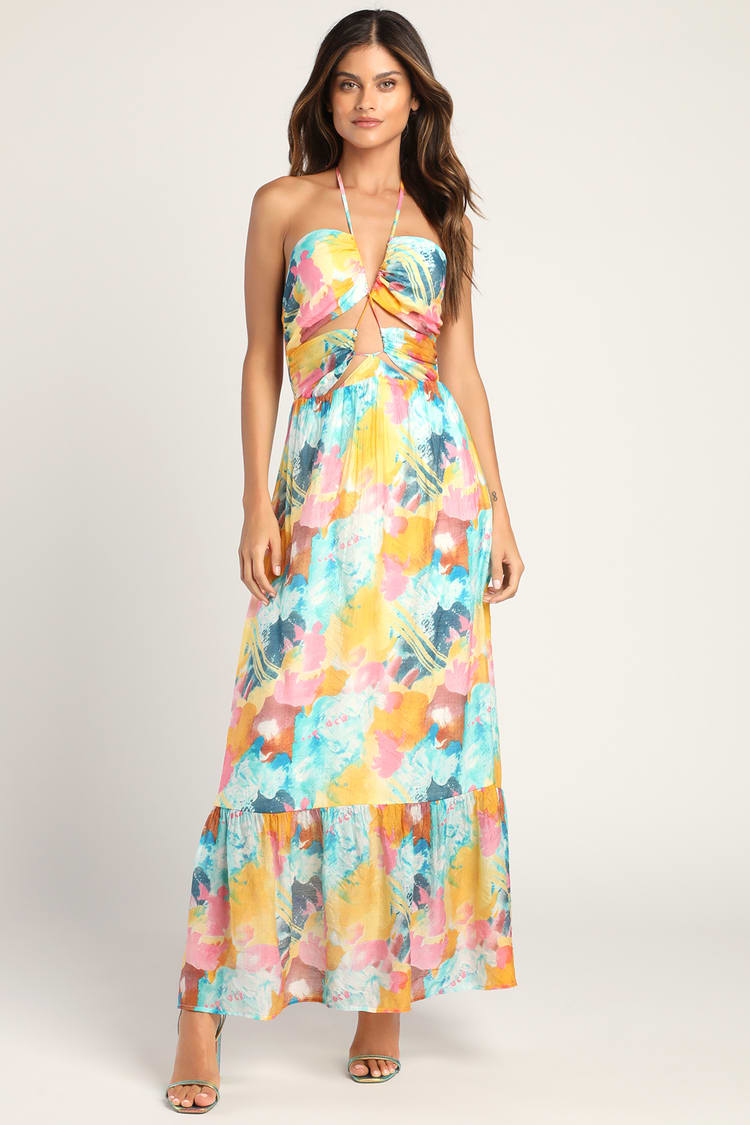 Multi Abstract Print Dress - Halter Midi Dress - Chiffon Dress - Lulus