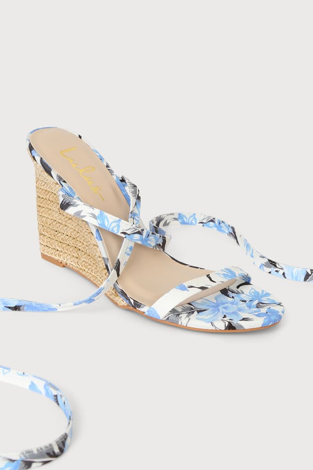 Gulee Blue Floral Lace-Up Espadrille Wedge Sandals