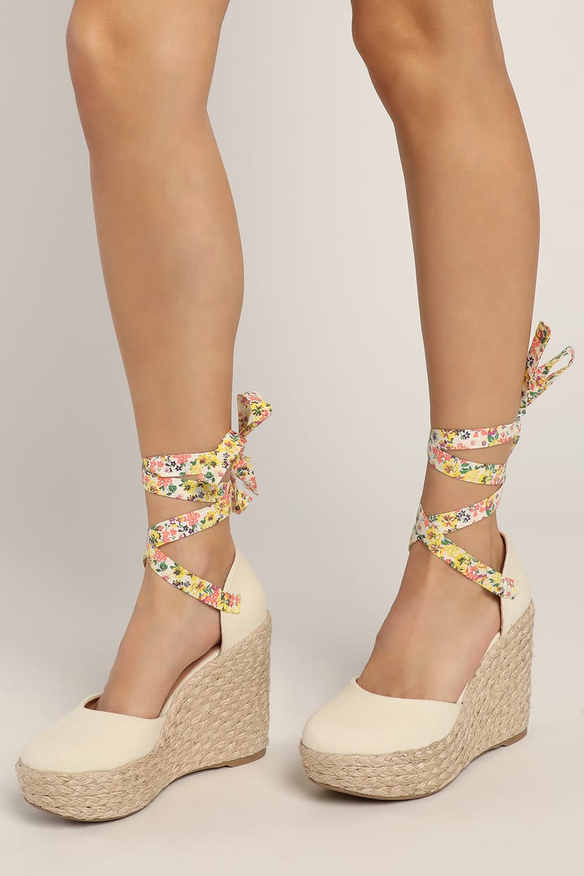 Floral Espadrille Wedge - Lace-Up Wedge - Platform Wedge Sandals - Lulus