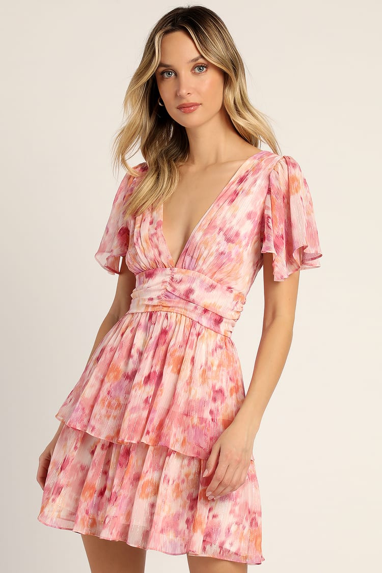 Pink Multi Mini Dress - Lurex Mini Dress - Flutter Sleeve Dress - Lulus