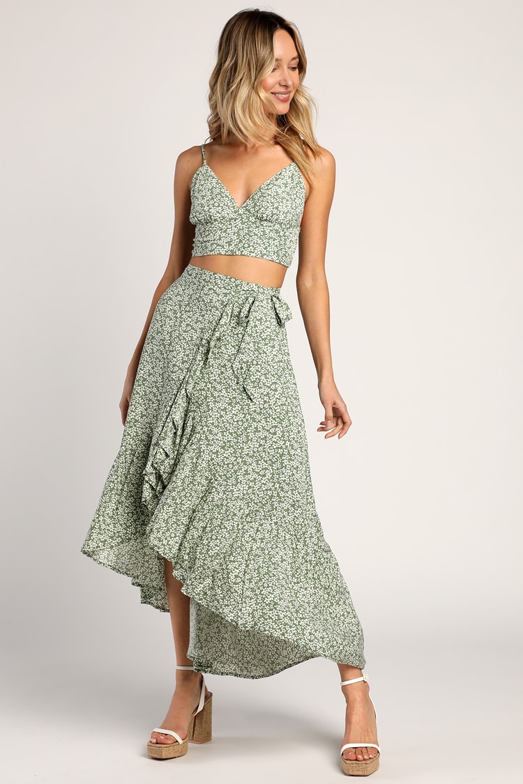 Sage Green Floral Print Dress - Two-Piece Dress - Wrap Midi Dress - Lulus