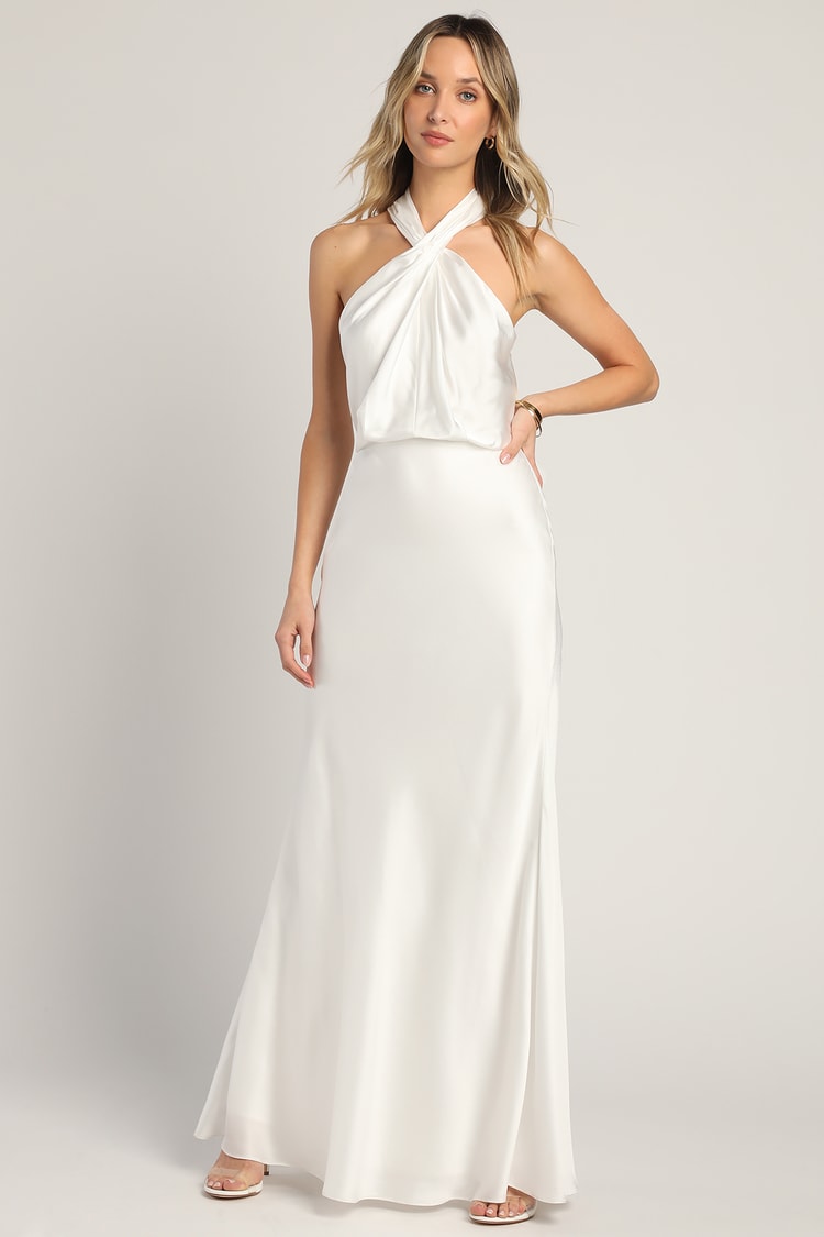 White Satin Maxi Dress - Halter Neck Dress - Twist-Front Dress - Lulus