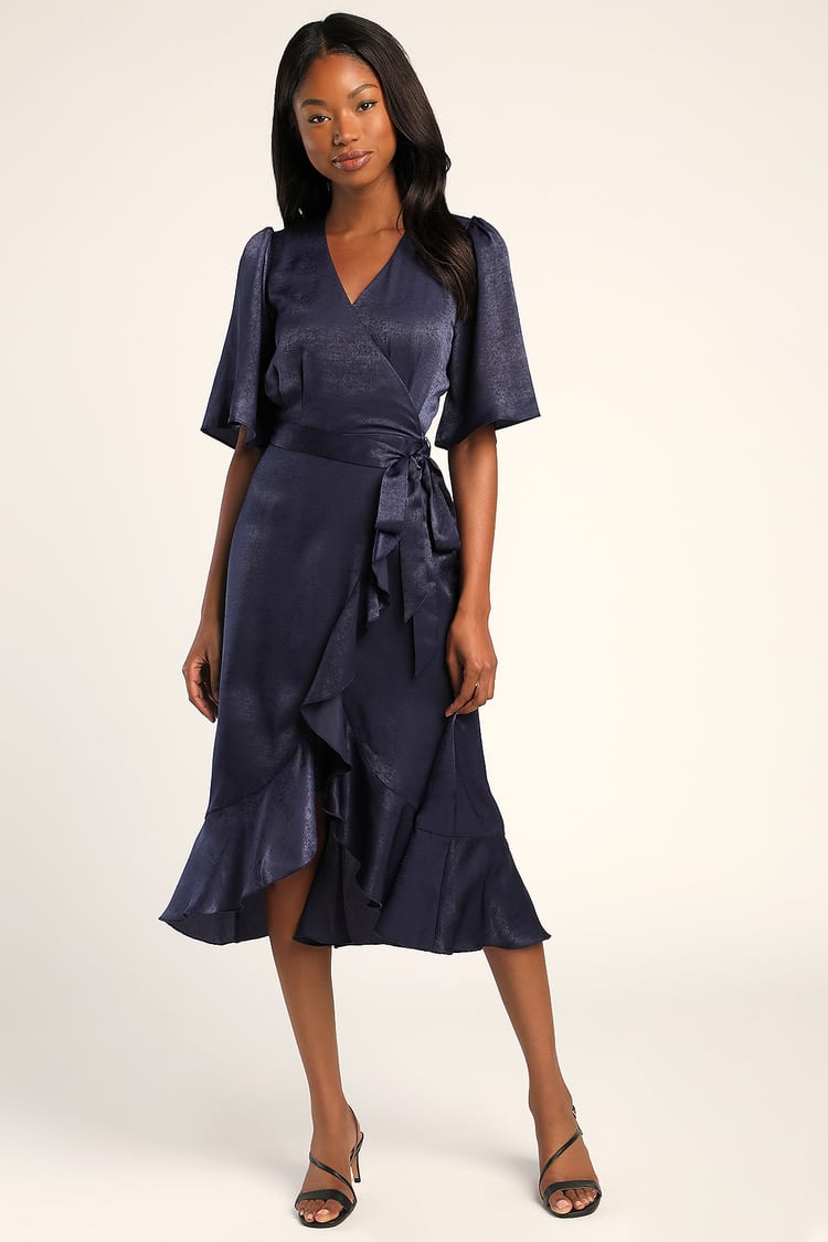Navy Blue Dress - Satin Dress - Satin Wrap Dress - Midi Dress - Lulus