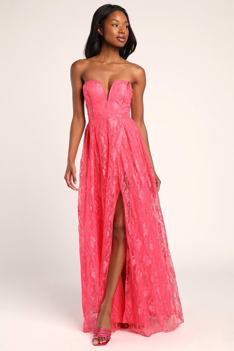 Hot Pink Maxi Dress - Strapless Lace Dress - A-Line Lace Maxi - Lulus