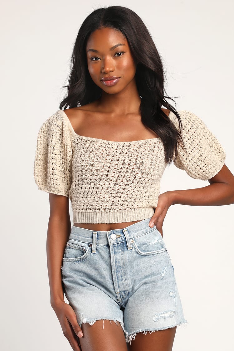 Sweater Knit Crop Tops - Ivory Crop Tops - Puff Sleeve Crop Tops - Lulus