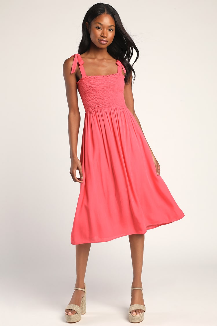 Hot Pink Midi Dress - Pink Smocked Dress - Tie-Strap Midi Dress - Lulus