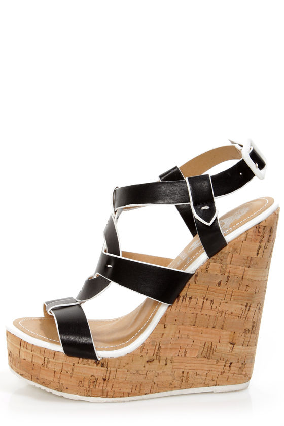 Elle 2 Black and White Sun Cross Platform Wedge Sandals - $39.00 - Lulus