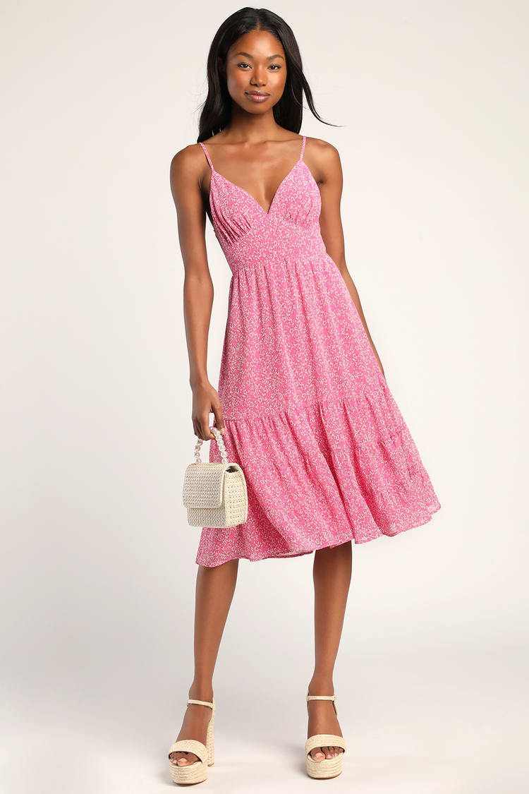 Pink Floral Midi Dress - Backless Midi Dress - Tiered Midi Dress - Lulus