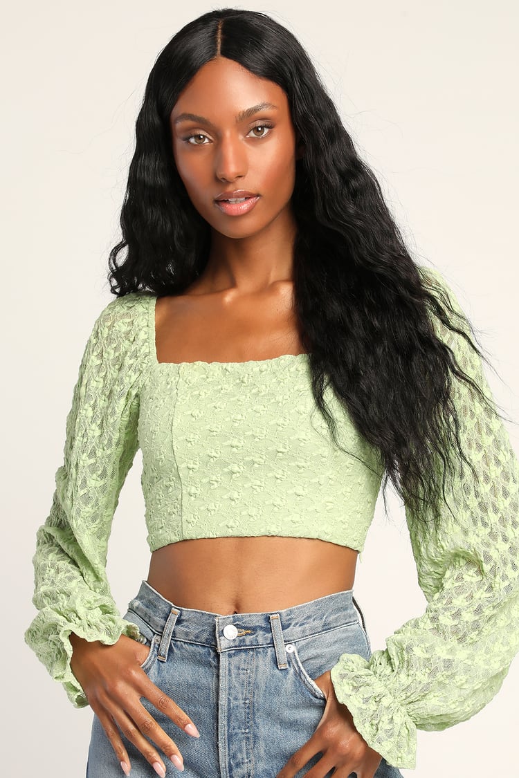 Green Lace Crop Top - Long Sleeve Lace Top - Balloon Sleeve Top - Lulus
