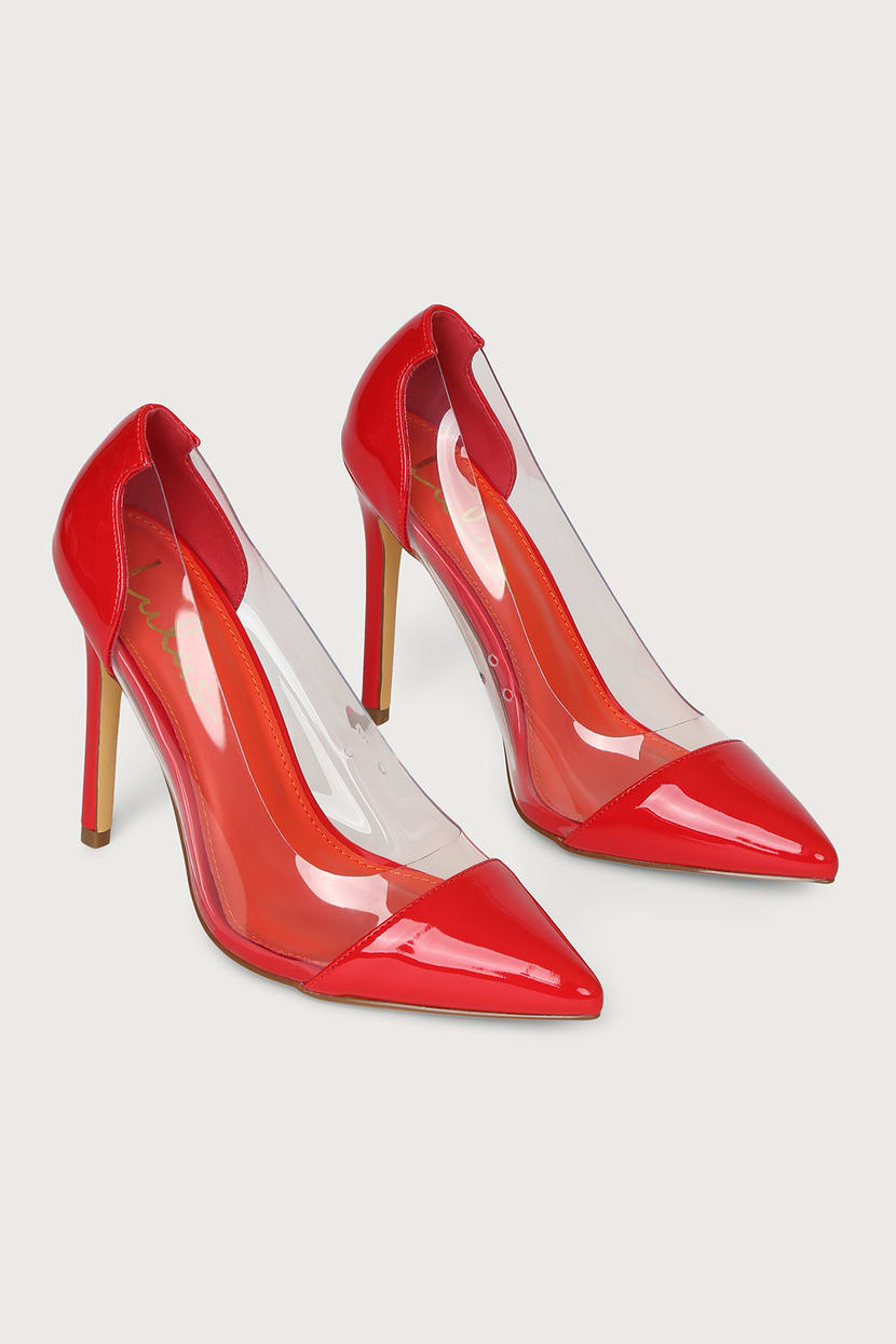 Red Pumps - Pointed-Toe Pumps - Clear Heels - Clear Pumps - Lulus