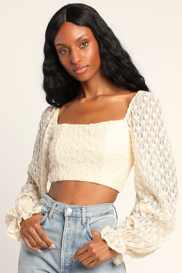 Cream Lace Crop Top - Long Sleeve Lace Top - Balloon Sleeve Top - Lulus