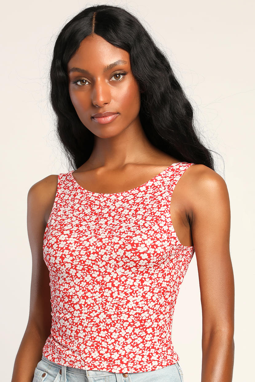 Red and White Floral Top - Crisscrossing Tank Top - Cropped Top - Lulus