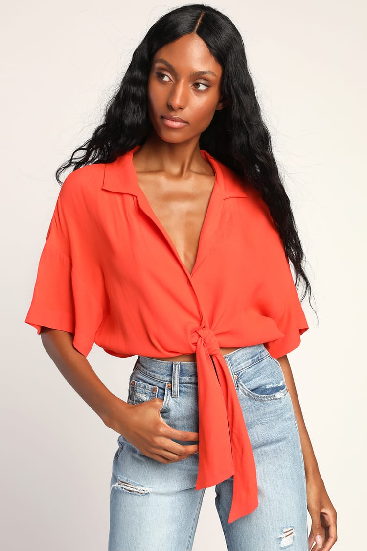 Coral Red Button-Up Top - Tie-Hem Top - Green Tie-Front Top - Lulus