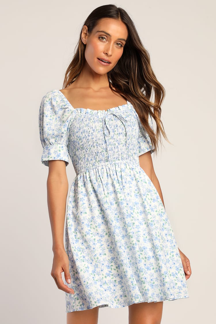 Precious Passion White Floral Puff Sleeve Babydoll Dress