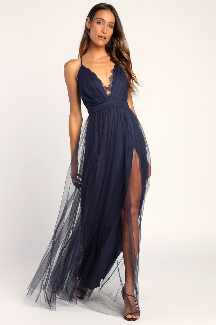 Navy Blue Tulle Dress - Sleeveless Maxi Dress - A-Line Dress - Lulus
