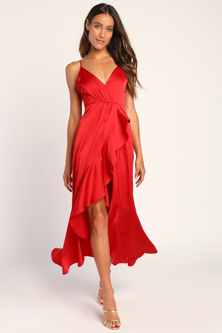 Red Dress - Satin Ruffled Dress - Satin High-Low Dress - Lulus