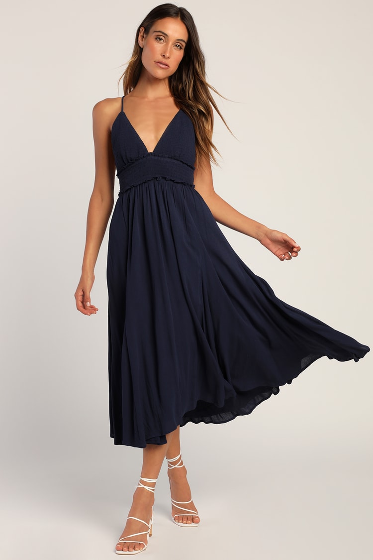 Navy Blue Midi Dress - Backless Midi Dress - Smocked Midi Dress - Lulus