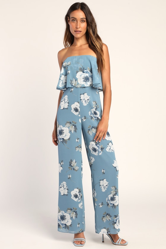 Slate Blue Jumpsuit - Floral Print Jumpsuit - Strapless Jumpsuit - Lulus