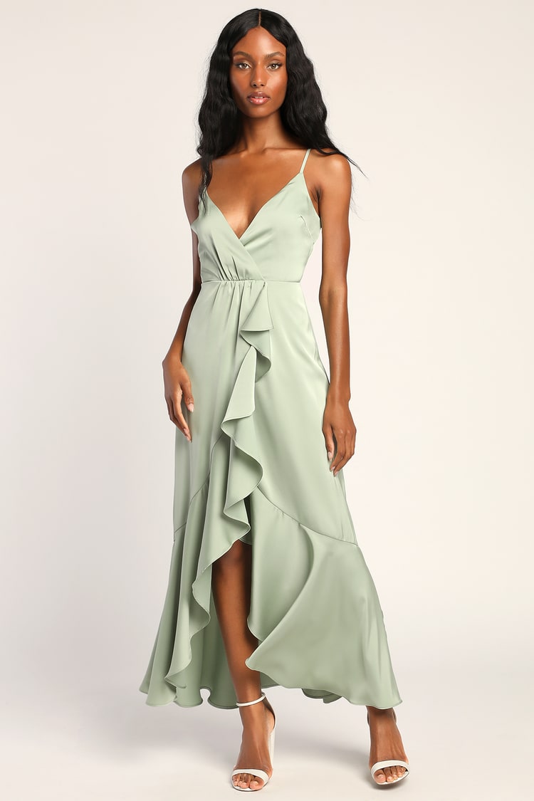 Sage Green Dress - Satin Ruffled Dress - Satin High-Low Dress - Lulus