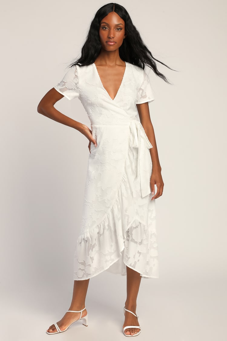 White Midi Dress - Cute Jacquard Dress - Short Sleeve Wrap Dress - Lulus