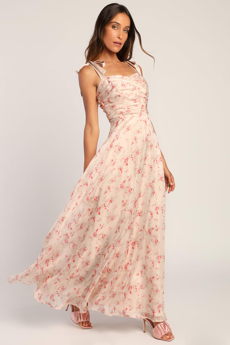 Blush Floral Maxi Dress - Tie-Strap Dress - Organza Maxi Dress - Lulus