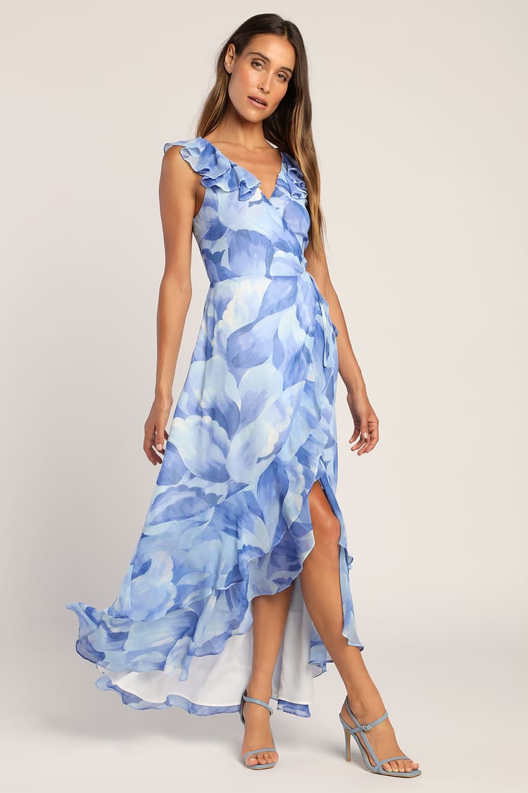 Blue Floral Maxi Dress - Wrap High-Low Dress - Sleeveless Dress - Lulus