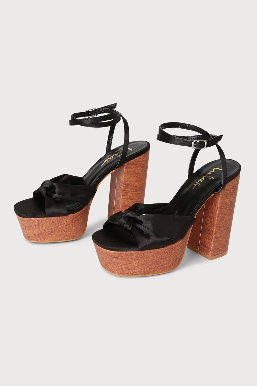 Wooden Platform Sandals - Satin Sandals - Black Platform Sandals - Lulus