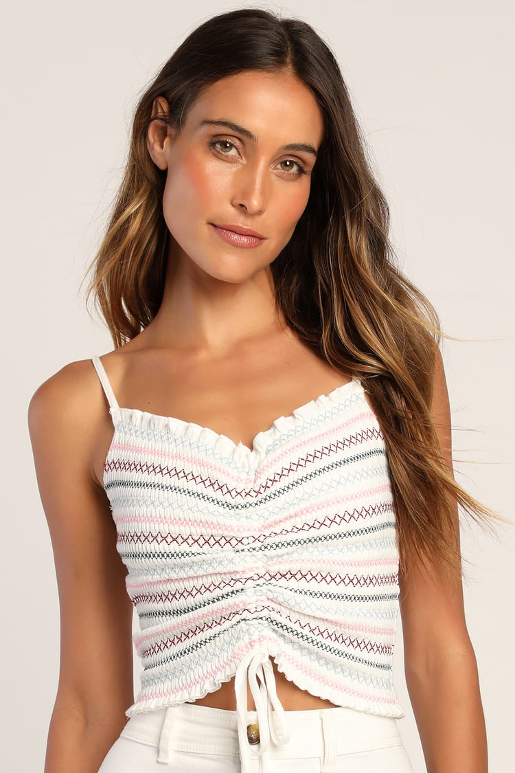 Ivory Smocked Tank Top - Embroidered Crop Top - Ruched Tank Top - Lulus