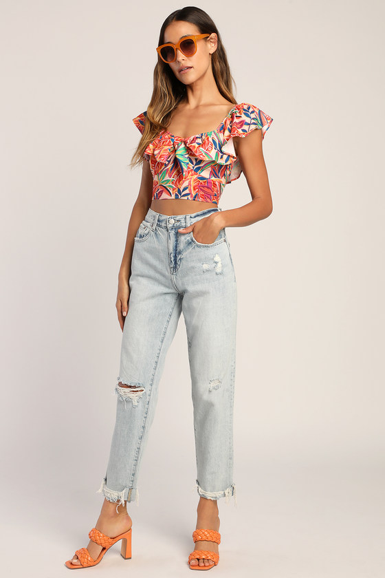 Splendid Sight Pink Multi Tropical Print Ruffled Crop Top