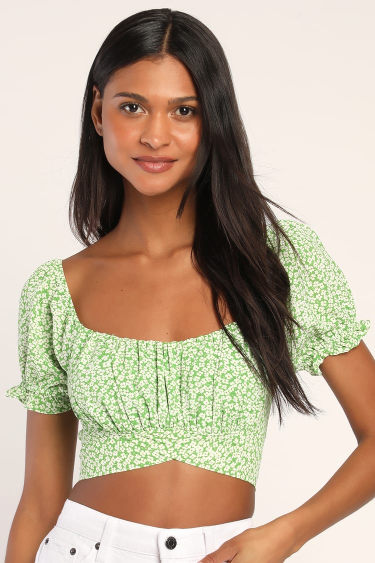 LUSH Green Floral Tie-Back Top - Puff Sleeve Top - Cropped Top - Lulus