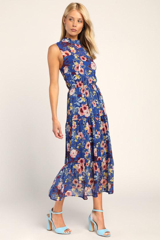 Tiered Blue Dress - Floral Print Dress - Sleeveless Midi Dress - Lulus