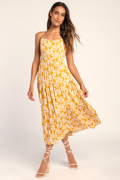 Yellow Dress - Jacquard Floral Dress - Halter Mini Dress - Lulus