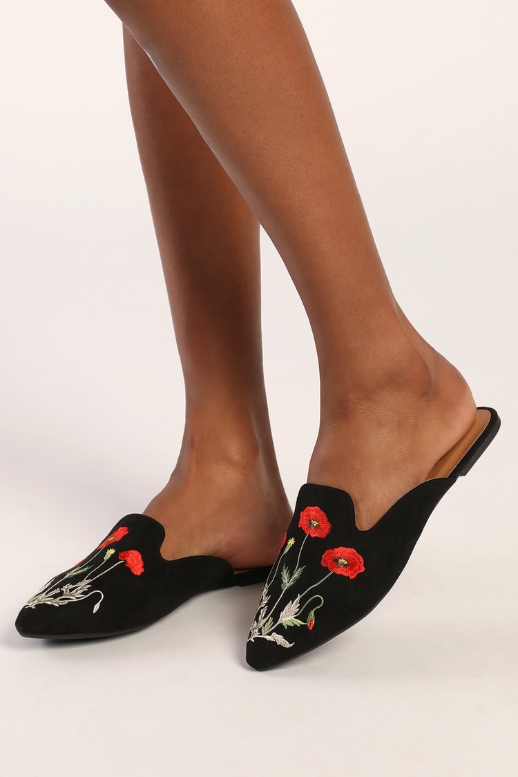 Black Suede Mules - Embroidered Mules - Pointed-Toe Mules - Lulus