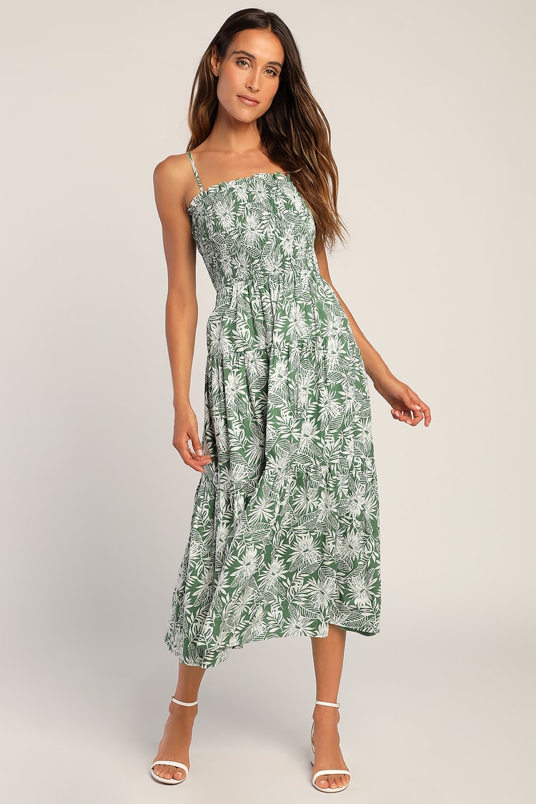 Green Leaf Print Dress - Smocked Midi Dress - Leaf Print Sundress - Lulus
