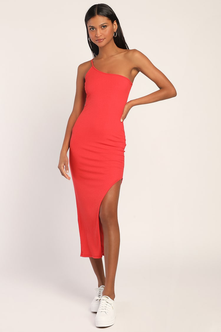 Red Maxi Dress - Ribbed Bodycon Dress - One-Shoulder Dress - Lulus