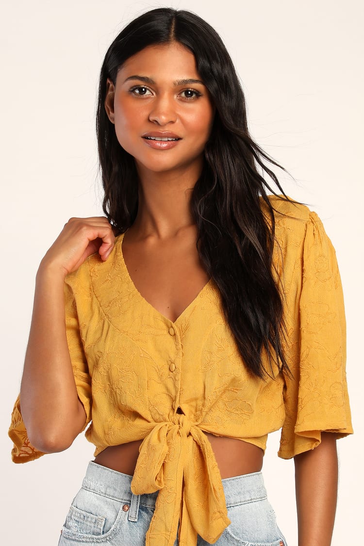 Yellow Embroidered Top - Button-Up Crop Top - Tie-Front Blouse - Lulus