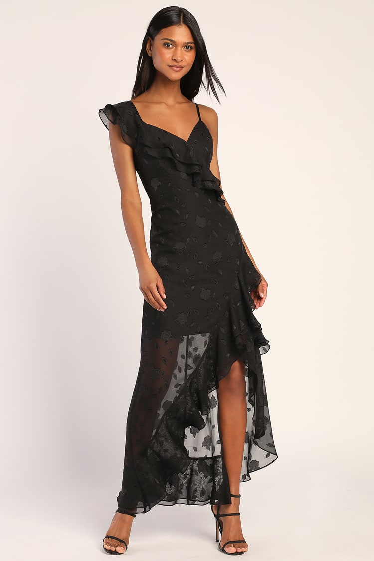 Black Maxi Dress - Floral Jacquard Dress - Ruffled Maxi Dress - Lulus