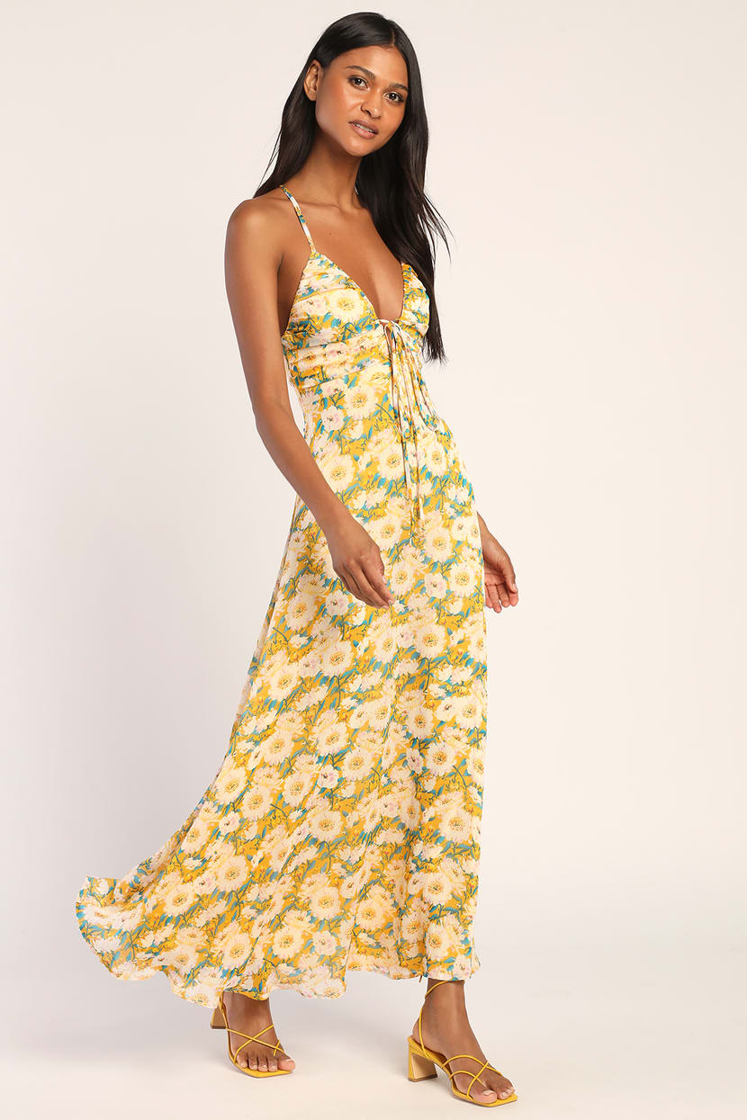 Yellow Floral Dress - Backless Maxi Dress - Deep V-Neck Dress - Lulus