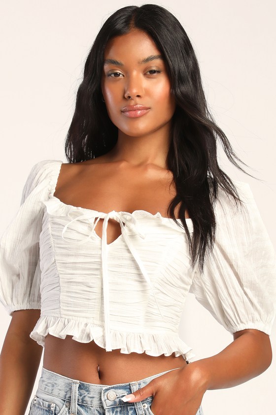 white ruched off shoulder top