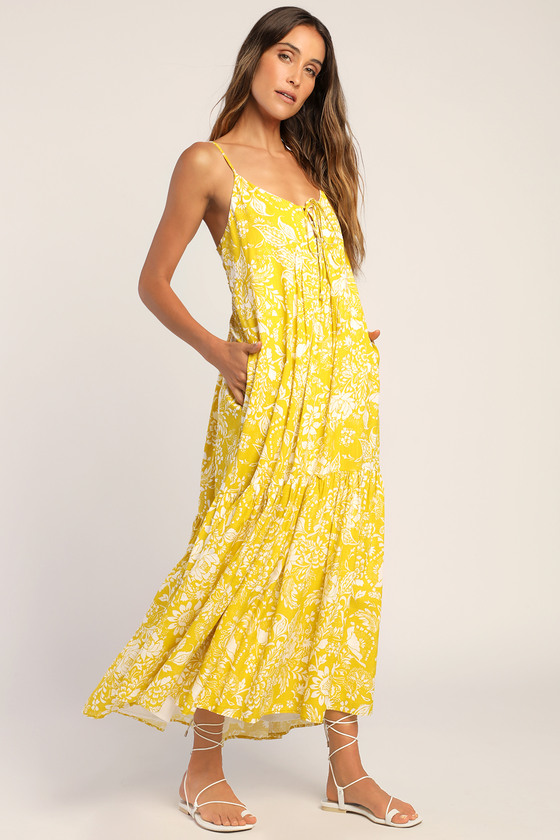 Yellow Floral Tiered Maxi Dress - Dress With Pockets - Cute Dress - Lulus