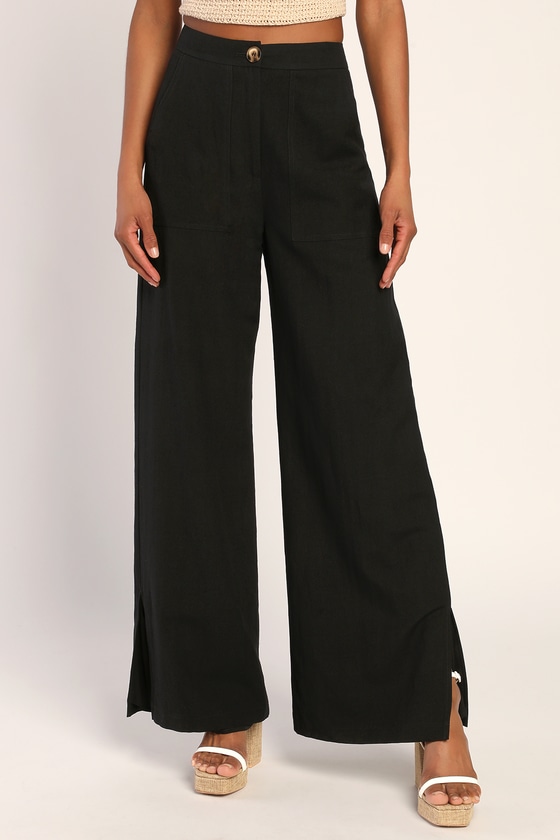 Cute Black Pants - High Waisted Pants - Wide Leg Woven Pants - Lulus