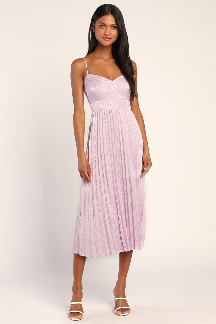 Lavender Satin Dress - Pleated Midi Dress - Floral Jacquard Dress - Lulus