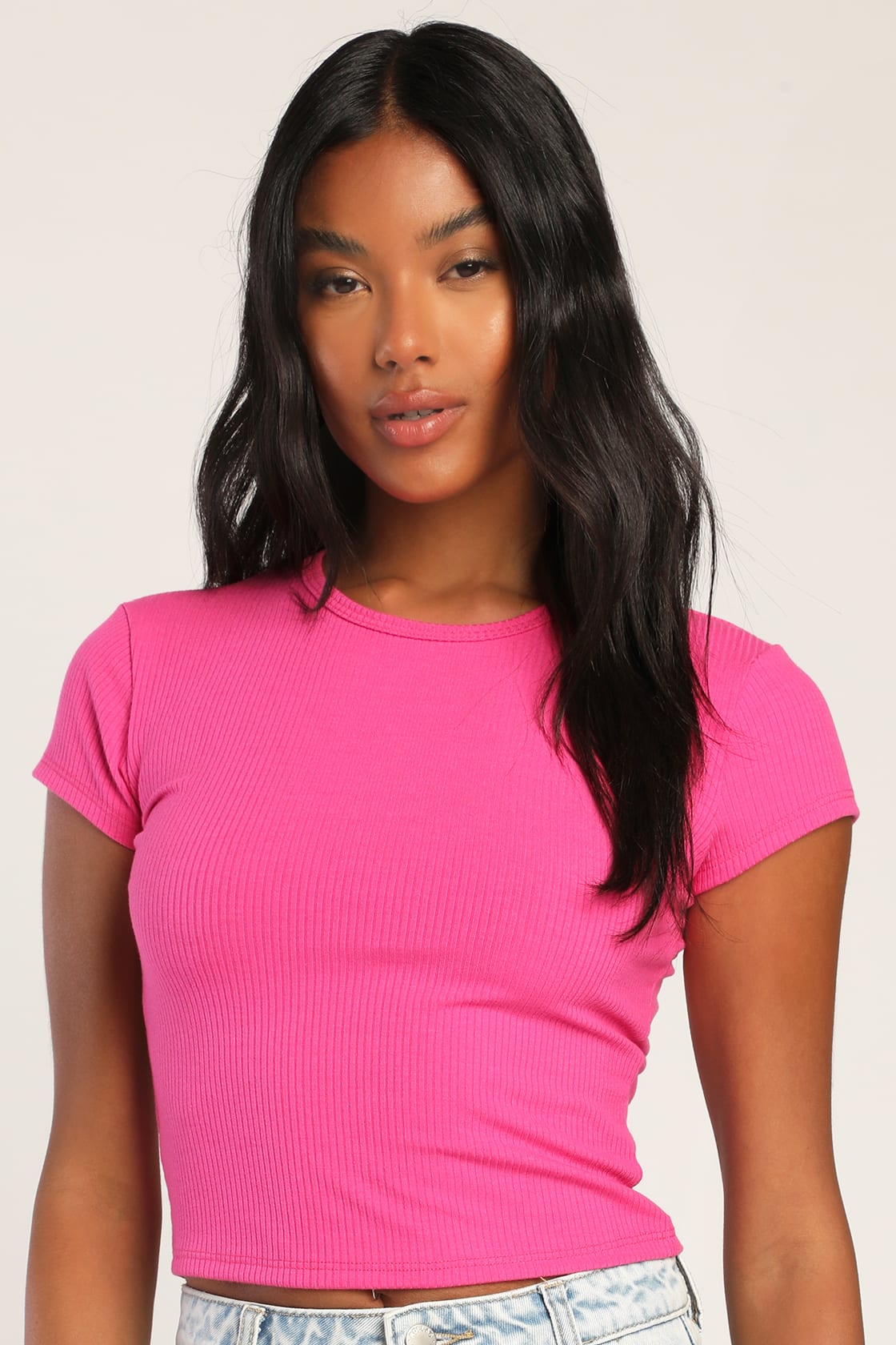 Cropped Ribbed Knit Top Pink Crop Top Short Sleeve Crop Top Lulus