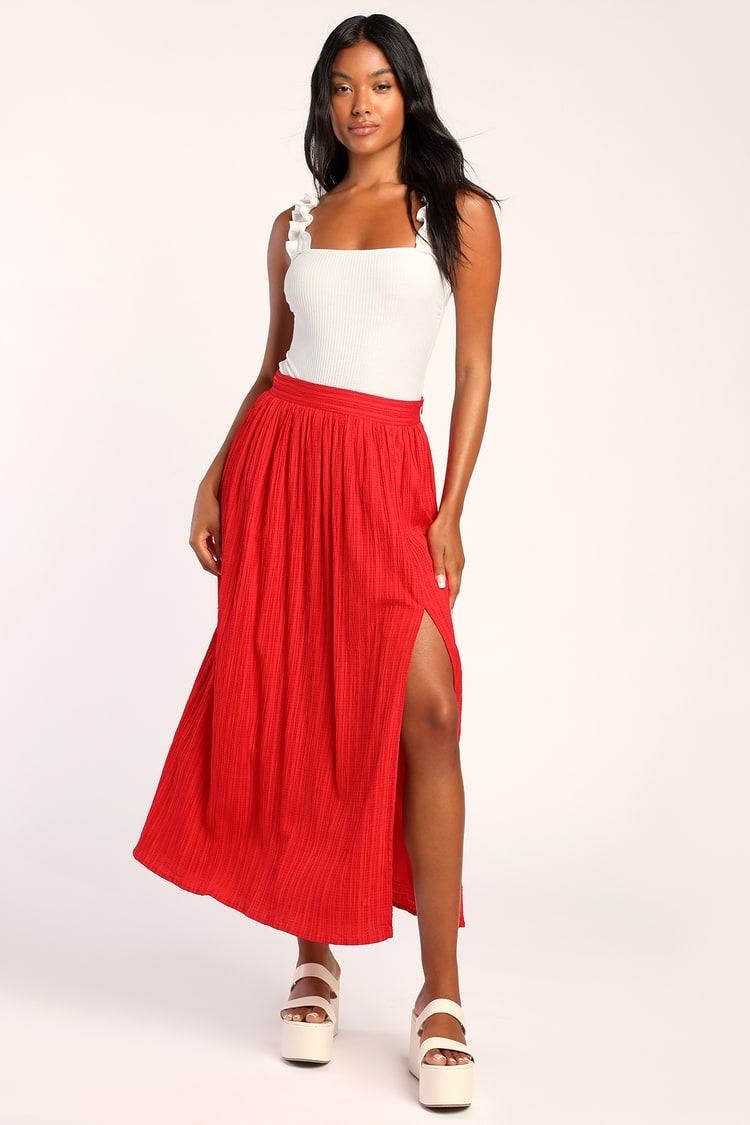 Red Skirt - Maxi Skirt - Mid-Rise Skirt - High Waist Skirt - Lulus