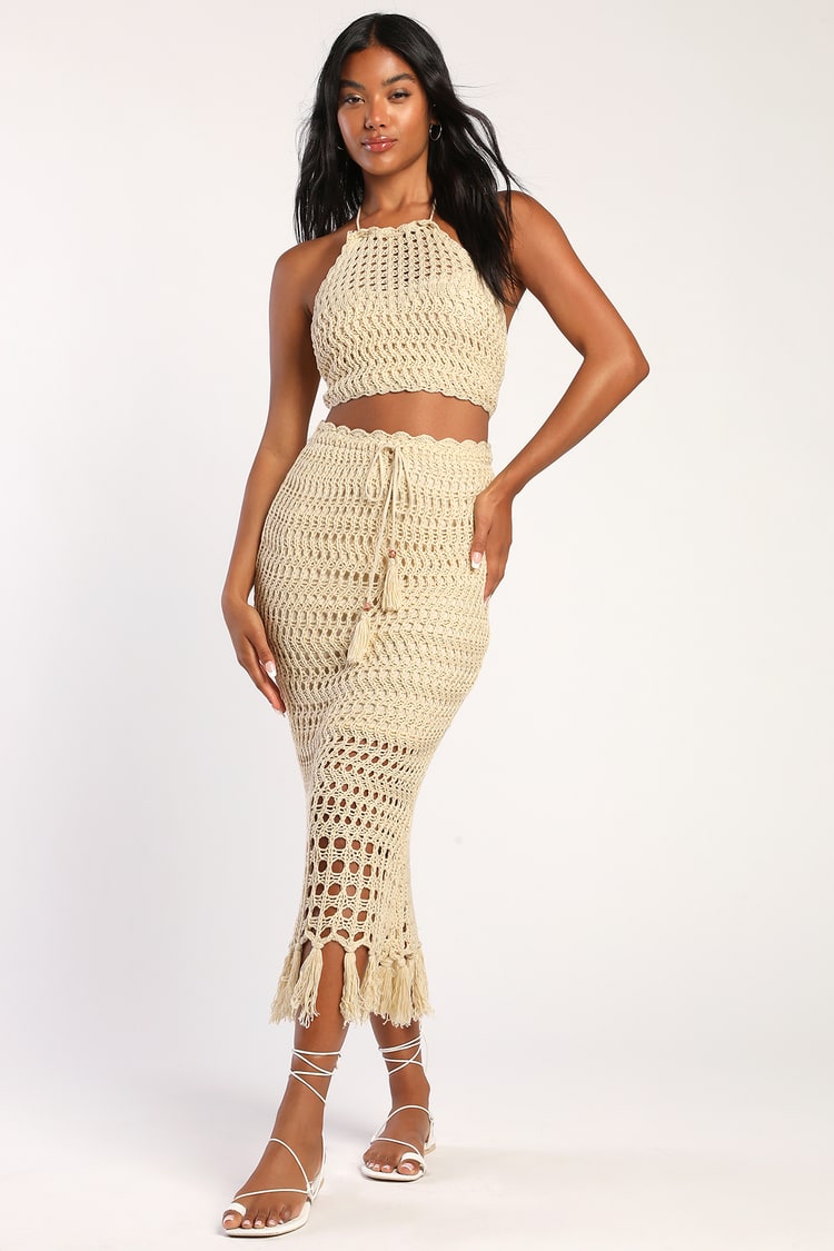 Beige Crochet Dress - 2-Pc Crochet Midi Dress - Knit Beach Dress - Lulus