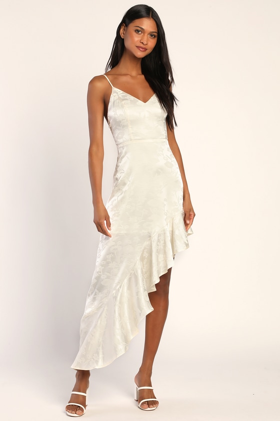 Ivory Midi Dress - Asymmetrical Dress - Floral Jacquard Dress - Lulus