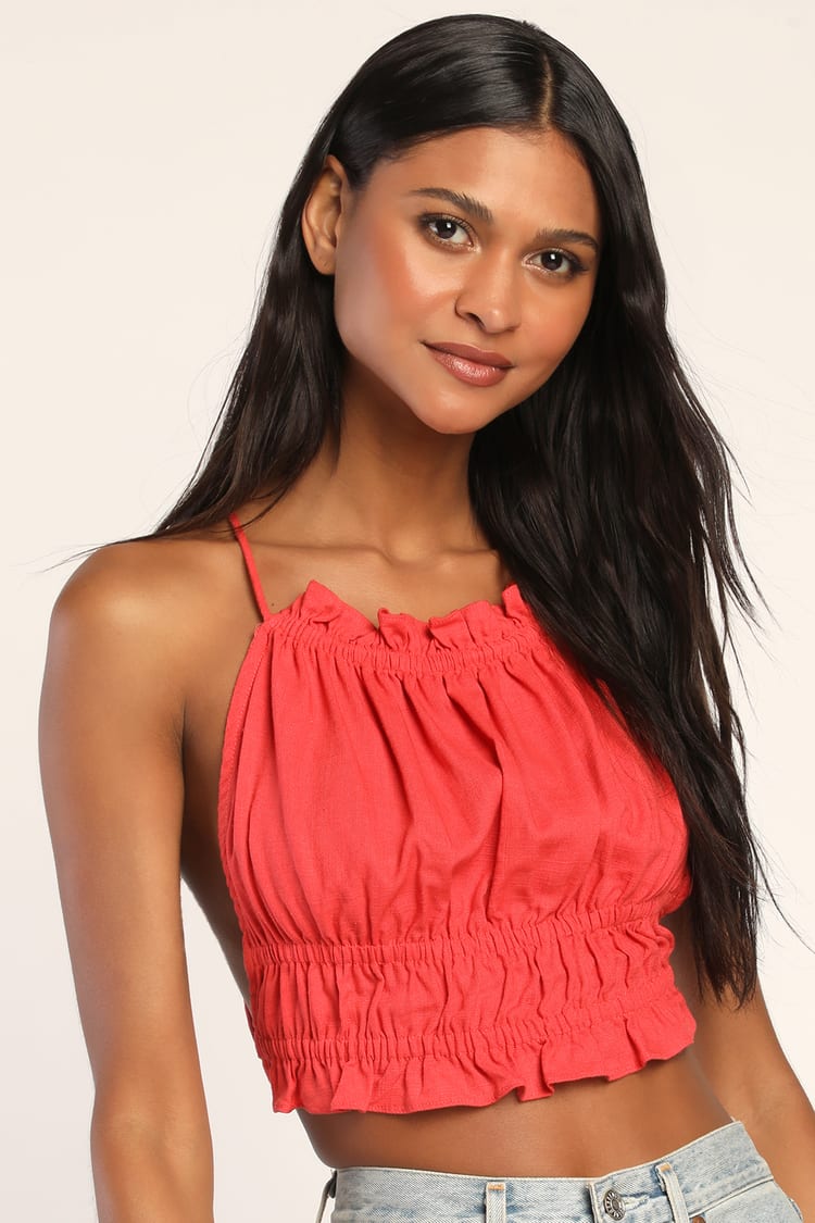 Coral Red Backless Top - Tiered Crop Top - Ruffled Mini Top - Lulus