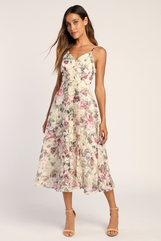 Cream Floral Midi Dress - A-Line Dress - Burnout Floral Dress - Lulus