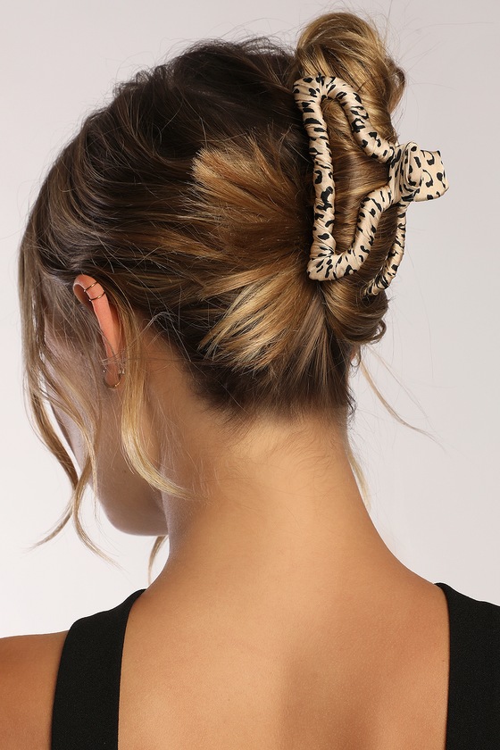 Beige and Black Leopard Print Satin Wrapped Claw Clip