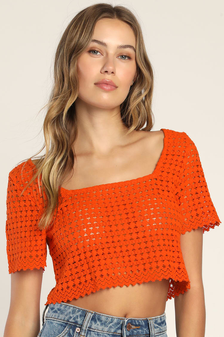Vero Moda Jada Orange Red Top - Crochet Crop Top - Semi-Sheer Top - Lulus